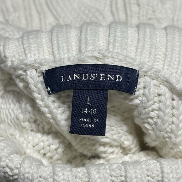 Land's End Cable Knit Fisherman Turtleneck Sweater Size L Ivory Cotton Classic - Picture 9 of 13